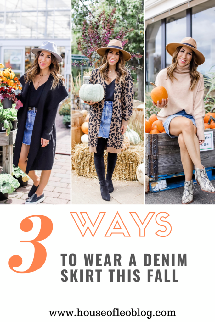 3 Ways To Wear A Denim Skirt This Fall by top US fashion blog, House of Leo Blog: image of 3 ways to fall outfits with a denim skirt